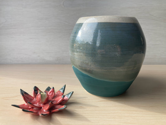 Petit vase beige/turquoise mat et brillant