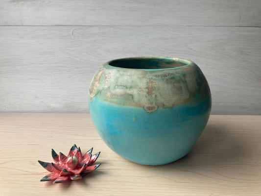 Vase boule kaki et turquoise mat